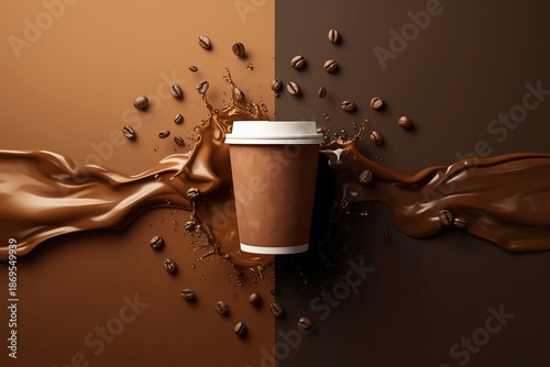 Creative coffee cup with rich liquid splash and flying roasted beans on light and dark brown background, modern beverage concept for branding, ads, and packaging.