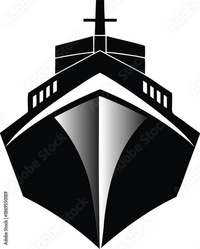 An iconic black and white illustration depicting the striking front view of a majestic ship