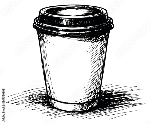 Hand drawn illustration of a disposable coffee cup depicting a takeaway hot beverage for cafes