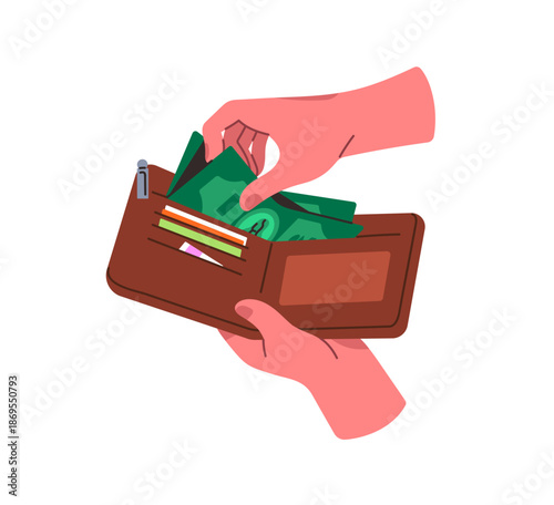 Person takes dollar bills from purse to pay. Human hands hold leather wallet with green banknotes. People put cash money, salary into billfold. Flat isolated vector illustration on white background.