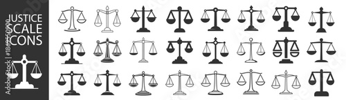 Scales of justice flat icon set, legal balance and court law symbol design on transparent background