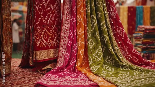 Vibrant Indian Textiles Umbrella Sari Market Stall Traditional Craft