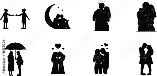 A collection of black silhouettes depicting couples in different stages of romance and affection.