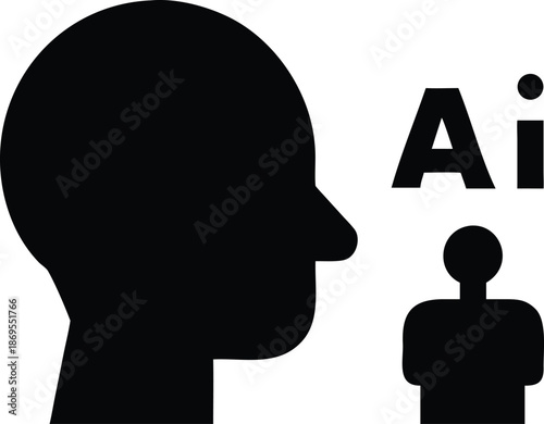 Black Silhouette Human Head with AI Copilot Assistant Vector Icon