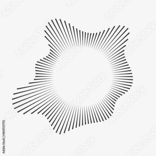 Circular music equalizer with radial sound waves. Abstract audio spectrum design featuring dynamic waveforms, ideal for music, sound technology, and digital media visuals