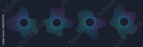 Music sound waves forming a circular equalizer. Radial spectrum visualization representing audio energy, rhythm, and digital sound design. Neon colors on black