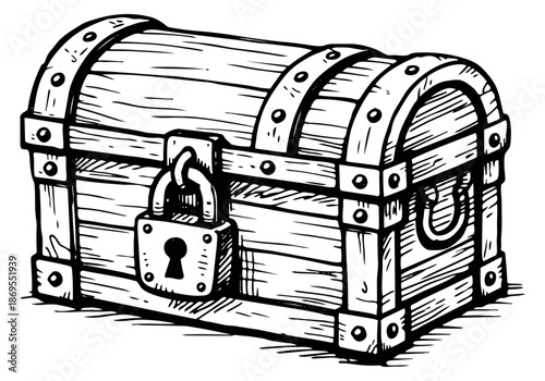 Hand drawn line art illustration of a treasure chest depicting a locked container for fantasy and security concepts