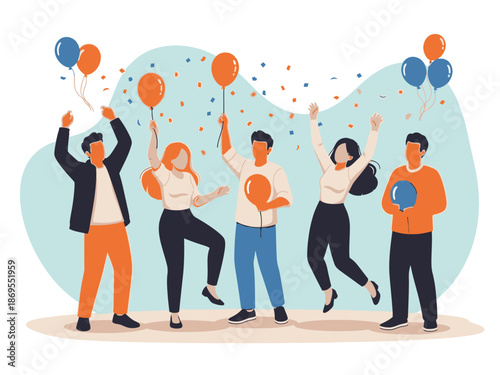 Group of people celebrating with balloons and confetti on blue background
