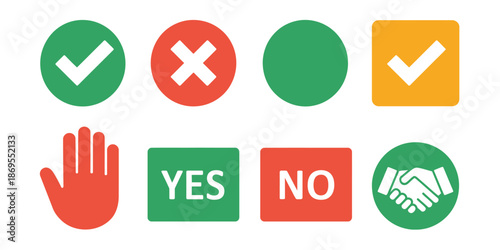 Flat confirmation button icon set with checkmark, cancel cross, confirm circle, accept square, decline hand, yes and no buttons, agree symbols in clean vector style for ui and web interfaces.