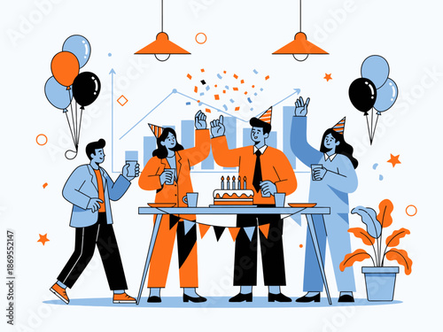 Group of people celebrating a birthday party with balloons and cake