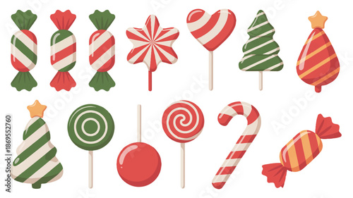 A collection of festive Christmas candy illustrations arranged in a horizontal layout against a white background (3)_traced