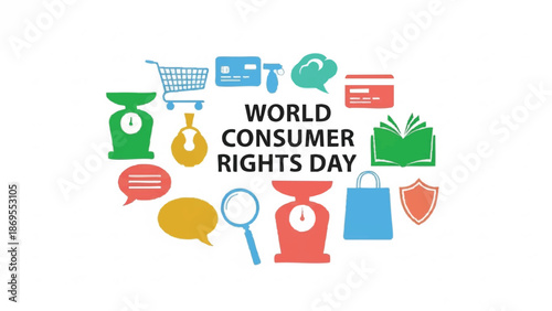 World Consumer Rights Day Celebration with Icons Representing Commerce and Protection.