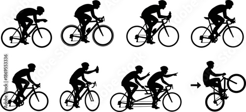 Silhouettes of cyclists racing and riding bicycles, collection of dynamic sports figures, isolated on transparent background, graphic design