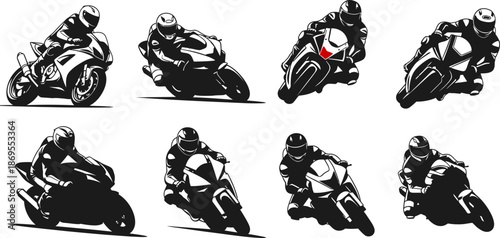 Silhouettes of motorcycle racers in action, dynamic poses on racing bikes, isolated on transparent background, high speed sport graphic