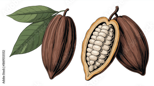 A detailed botanical illustration of cocoa pods and leaves. On the left, a single dark brown cocoa pod with deep striations and a single large green leaf attached (2)_traced