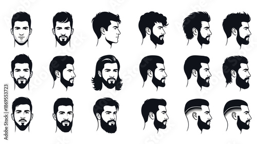 collection of male hairstyles and beard styles in silhouette showcasing diverse modern and classic looks for men beauty and fashion graphic design elements isolated on white