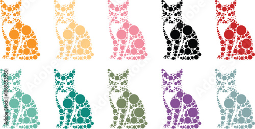 Colorful cat silhouettes made of circles, Abstract cat dot art animal collection