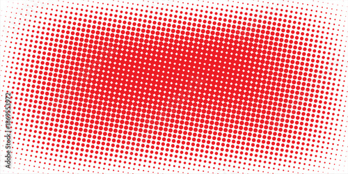 Red halftone gradient texture. Fading cartoon polka dots background. Repeating dotted gradient pattern. Vector