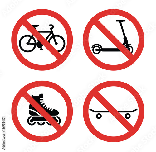 No bikes skates scooters skateboards allowed prohibition icon set, red circle warning symbols