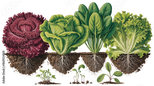 A detailed botanical illustration of four types of lettuce growing from soil, arranged horizontally across the image (2)_traced