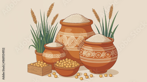 A digital illustration of traditional clay pots and agricultural items arranged on a light beige background (2)_traced