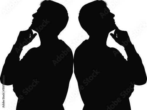 A set of mirrored silhouettes showing a man deep in thought, pondering a difficult decision