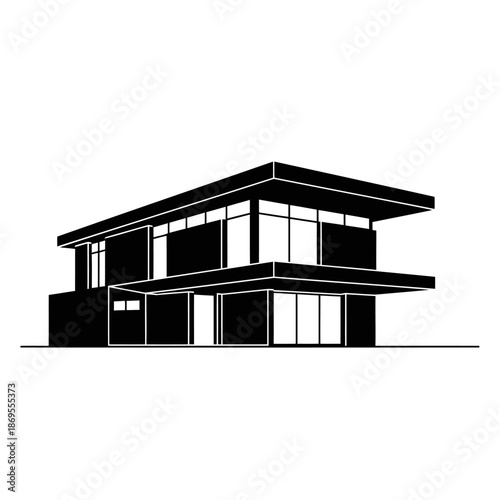 Sleek two story modern house illustration showcasing minimalist architectural design with clean lines flat roof and large windows in a bold black and white color palette