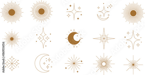 Set of golden celestial icons sunbursts, stars, and crescent moons for mystical and bohemian designs