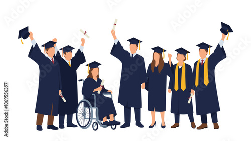 A diverse group of graduating students in caps and gowns celebrate with diplomas, including one student in a wheelchair, symbolizing inclusivity and achievement.
