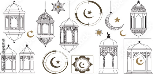  Ornate lanterns, moons, stars, and patterns in gold and black for festive Ramadan design