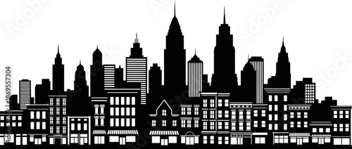 Classic Cityscape Silhouette In Black Mixed Residential And Commercial Buildings Minimal Outline Free Style