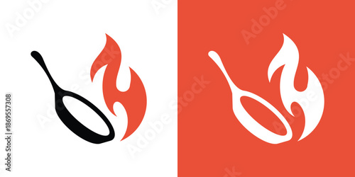Dual meaning logo combining a nonstick pan and flame, symbolizing durability, heat control, efficiency, and modern cooking performance with a clean design.