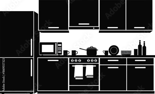 Modern kitchen interior with kitchen furniture and appliances, including cabinets, a refrigerator, an oven, a microwave, and a sink vector illustration silhouette. 