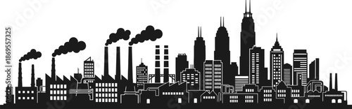 Industrial City Skyline Silhouette With Factories And Tall Buildings Black Monochrome Design