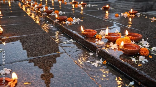 Rows Of Lit Terracotta Oil Lamps With Orange And White Flowers Arranged On Wet Stone Steps Reflecting Warm Light In Evening Dusk Atmosphere