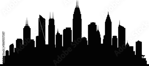 Modern City Skyline Silhouette In Solid Black Featuring Skyscrapers And Urban Buildings Isolated