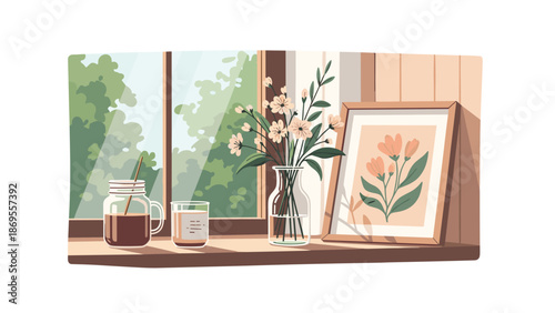 A cozy scene on a windowsill featuring a glass of coffee, a candle, a vase of flowers, and a framed picture, bathed in soft sunlight.