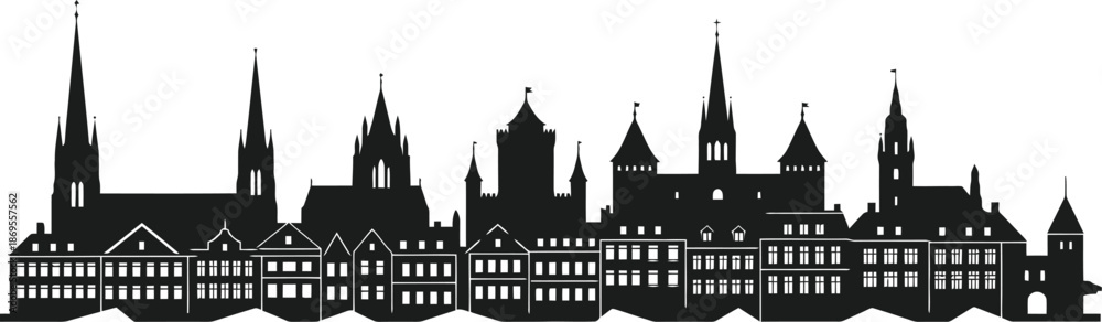 Fototapeta premium European Style City Skyline Silhouette Historic Buildings And Rooftops Black Flat Silhouette Clean