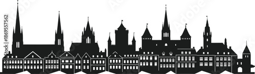 European Style City Skyline Silhouette Historic Buildings And Rooftops Black Flat Silhouette Clean