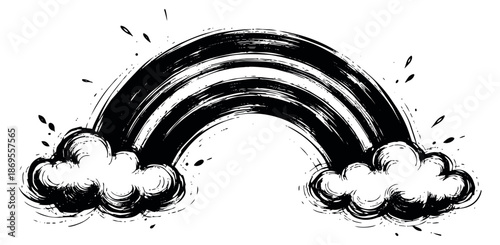 Distressed hand drawn illustration of a rainbow with clouds depicting a weather phenomenon for creative design
