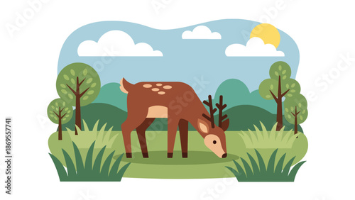 Flat vector illustration of a deer grazing in a peaceful meadow, wildlife feeding behavior in natural habitat, calm nature scene designed for education, conservation, and commercial stock use