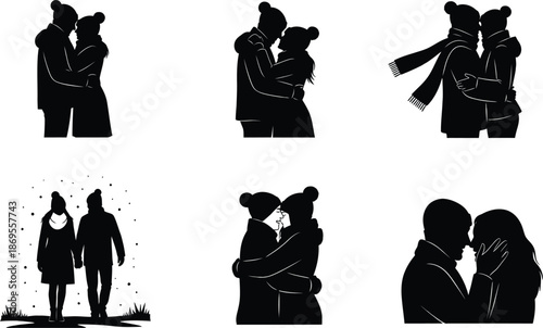 Romantic silhouette collection of a couple in various loving poses for design projects