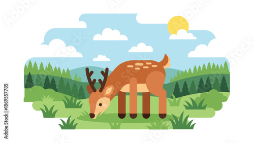 Flat vector illustration of a deer grazing in a peaceful meadow, wildlife feeding behavior in natural habitat, calm nature scene designed for education, conservation, and commercial stock use