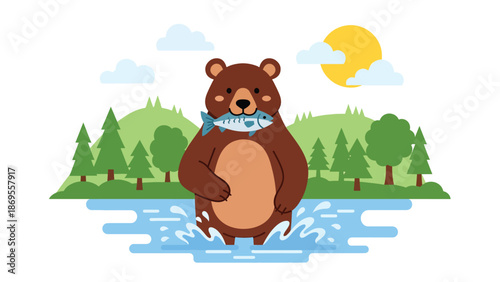 Flat vector illustration of a bear catching fish in a river, wildlife survival and feeding behavior in a forest habitat, educational nature concept for conservation and stock design