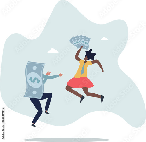 Happy money, rich and achieve financial freedom, success investment, income or salary increase,life and employment of people.