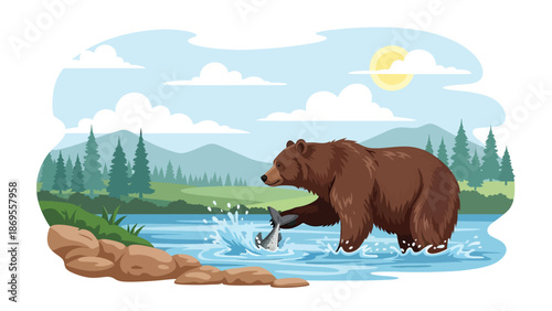 Flat vector illustration of a bear catching fish in a river, wildlife survival and feeding behavior in a forest habitat, educational nature concept for conservation and stock design