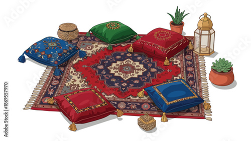 A traditional Persian rug is adorned with colorful cushions in red, blue, and green, along with potted succulents and a decorative lantern.
