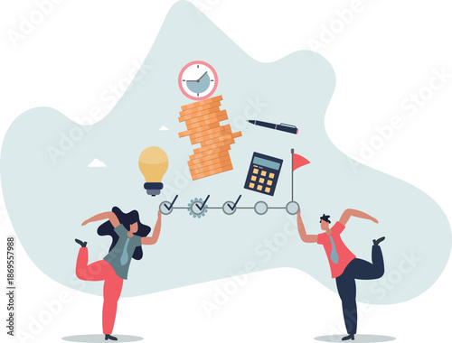 Business solution and goals.Cartoon tiny people mark points in timeline with pen.life and employment of people.