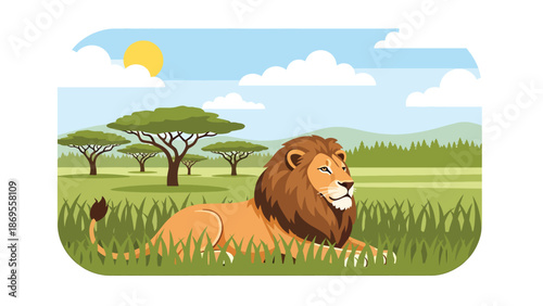 Flat vector illustration of a lion resting in savanna grass, wildlife dominance and natural behavior in African habitat, educational animal scene for conservation and stock illustration