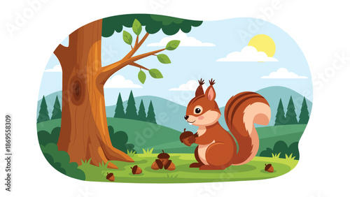 Flat vector illustration of a squirrel collecting acorns near a tree, wildlife foraging behavior in forest habitat, educational animal activity for nature and ecology themes